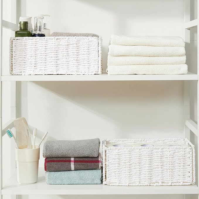 Wicker Storage Basket, Set of 2 Hand-Woven Paper Rope Wicker Basket, Small Storage Baskets for Organizing Toilet Paper Basket, Foldable Large Cube Storage Organizer Bins for Shelves (White)