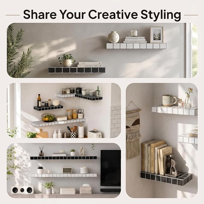 Floating Shelves, Set of 2, White with Black Lines | 15.7"W x 6.7"D x 1.5"H, set of 2, 25 lbs per shelf, 3D tile texture, splash-resistant, ~30 min assembly.