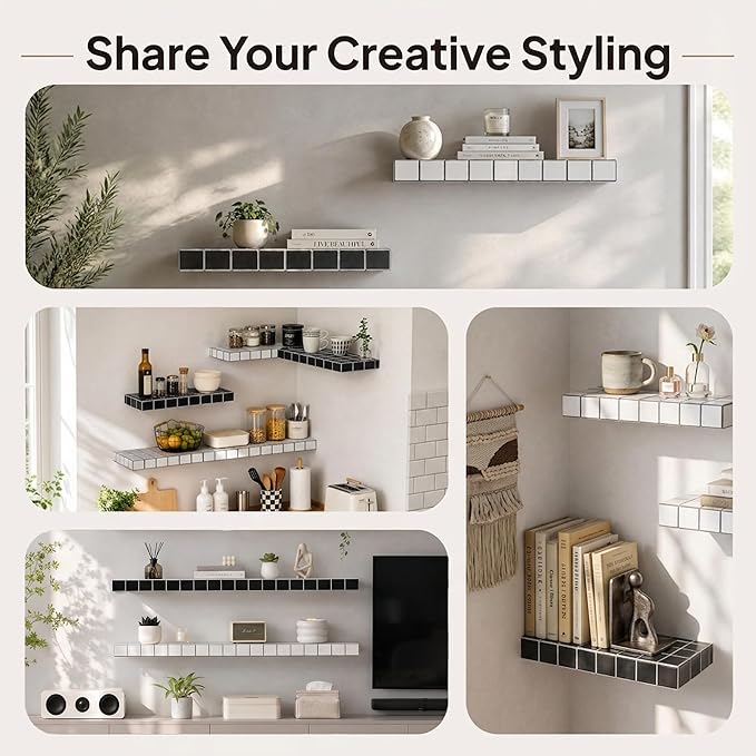 Floating Shelves, Set of 2, Black with White Lines | 15.7"W x 6.7"D x 1.5"H, set of 2, 25 lbs per shelf, 3D tile texture, splash-resistant, ~30 min assembly.