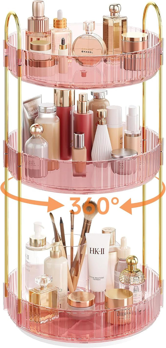 Rotating Makeup Organizer Countertop, Skincare Organizers | Spinning Perfume Tray Stand, Makeup Storage Organizer for Vanity, Bathroom Organizer and Storage, Lazy Susan, 3 Tier, Pink