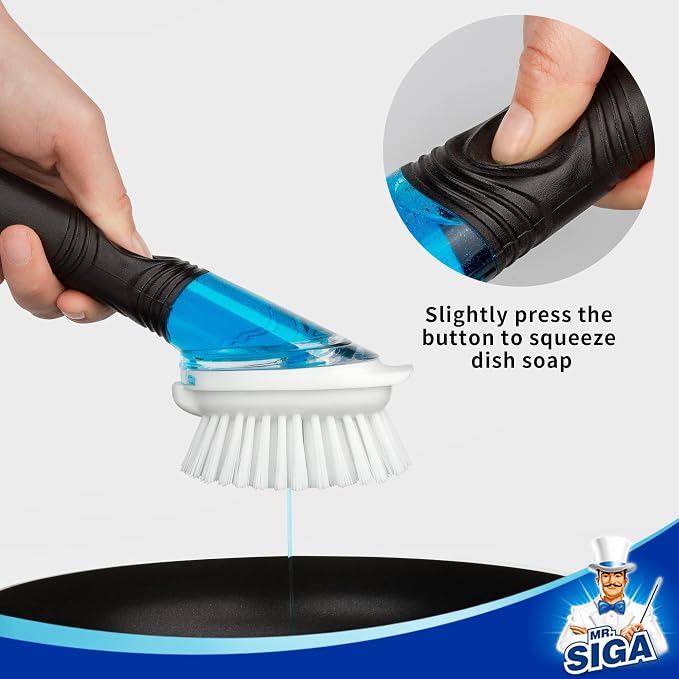 MR.SIGA Soap Dispensing Dish Brush, Kitchen Brush for Pot Pan Sink Cleaning | Dish scrubber with soap dispenser, dish soap brush with scraper