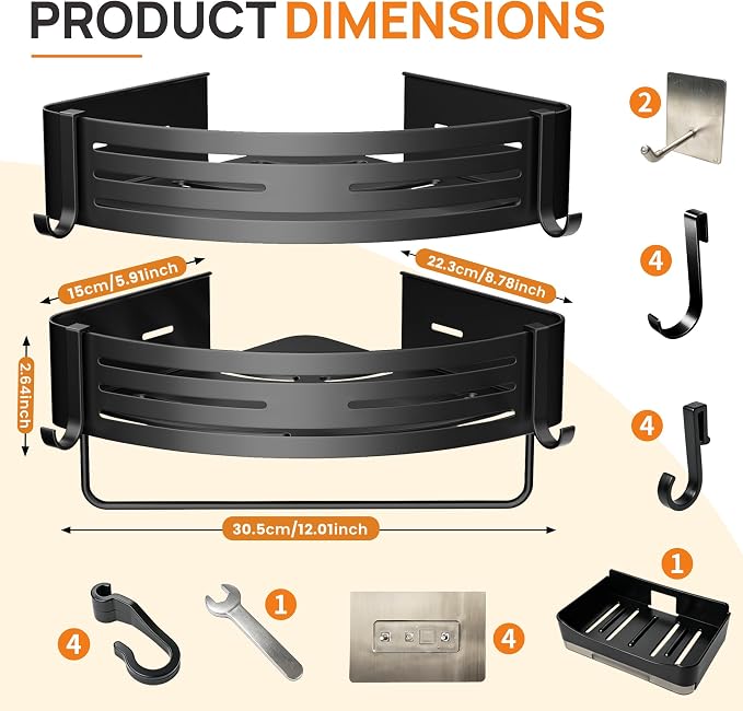 Black Adhesive Triangle Shower Caddy with Towel Bar, Soap Dish and Hooks | No-drill black triangle shower basket with towel bar, soap dish and hooks for smooth tile, glass and stainless steel walls
