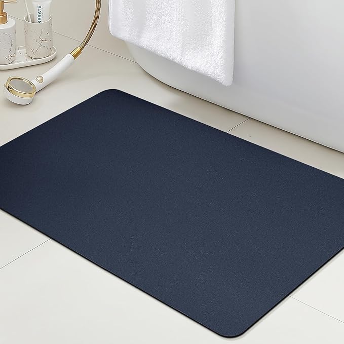 Non Slip Bath Mat, Thin Bathroom Rugs Fit Under Door, Quick Dry Bath Mats, Machine Washable Bath Rugs for Bathroom, Bathtub & Kitchen, Bathtub, Dark Blue/Solid/24 x17