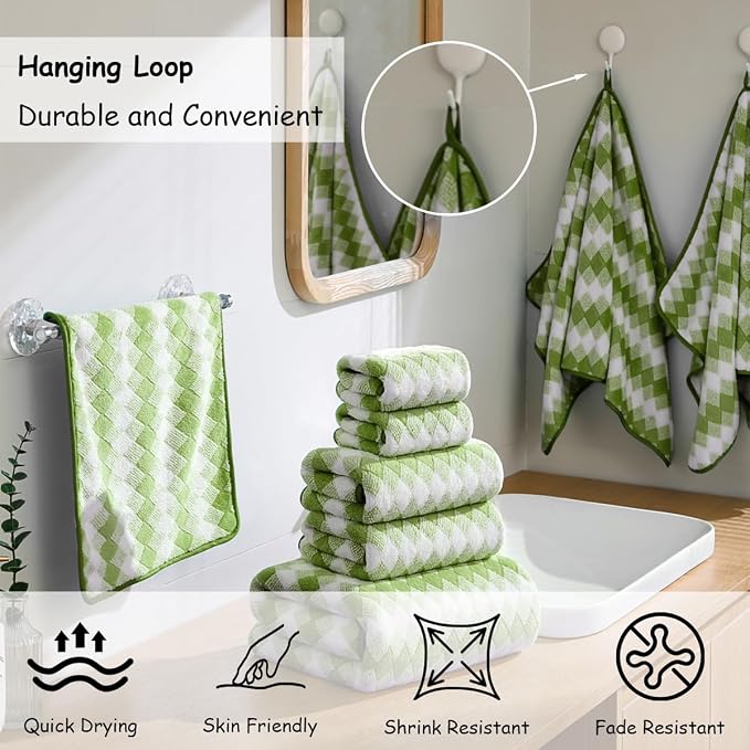 12 Pcs Dark Green White Diamond Towel Set-4 Bath Towels,4 Hand Towels,4 Washcloths Soft Polyester Bath Towel with Loop Absorbent Shower Towel Quick Dry Family Towels for Bathroom Spa Gym
