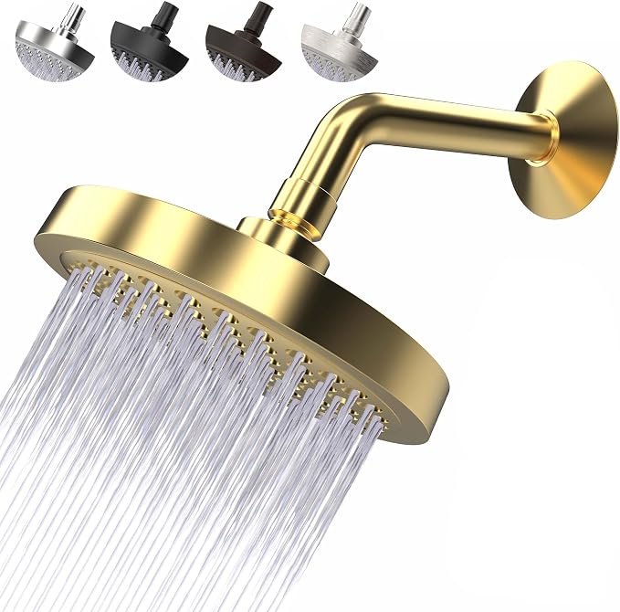 Shower Head - High Pressure 2.5 GPM - Gold | Anti-clog silicone nozzles, removable restrictor, easy-clean fixed replacement