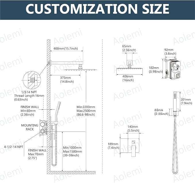 Aolemi Shower Faucet Set with Handheld Brushed Gold 16 Inch Head | Pressure Balance Shower Valve and Trim Kit,SUS304 Rain Head and Handle System,All Metal,Wall Mount,Bathroom,Handheld Spray