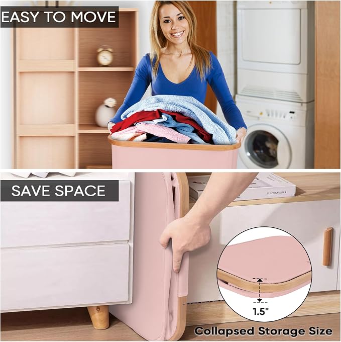 BALEINE Laundry Hamper with Lid, Tall Laundry Baskets with Bamboo Pull Handles, Large Laundry Bin with Internal Support (36 Gal/140L, Pink)