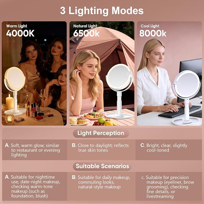 Rechargeable Lighted Makeup Mirror,10X Magnification, 8 Inch | 3 Adjustable Light Colors, Rechargeable Cordless Design, Adjustable Height, Storage Base with Phone Holder,Touch Control