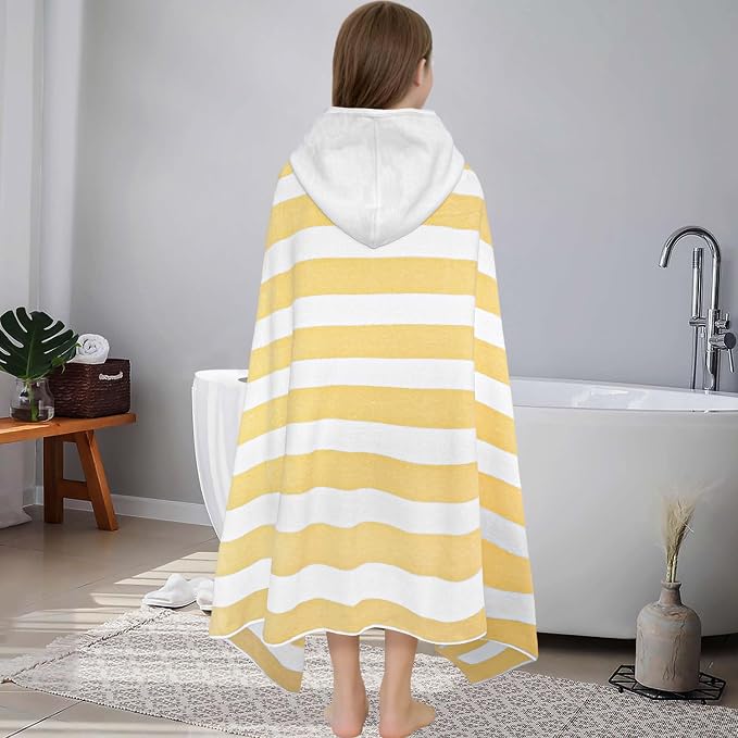 VOOVA & MOVAS Big Kids Hooded Towel, 8+, 100% Cotton, Yellow White Stripe | Classic Stripe Pattern, Soft, Absorbent & Fast Drying, Suitable for Daily Bath and Beach Trips