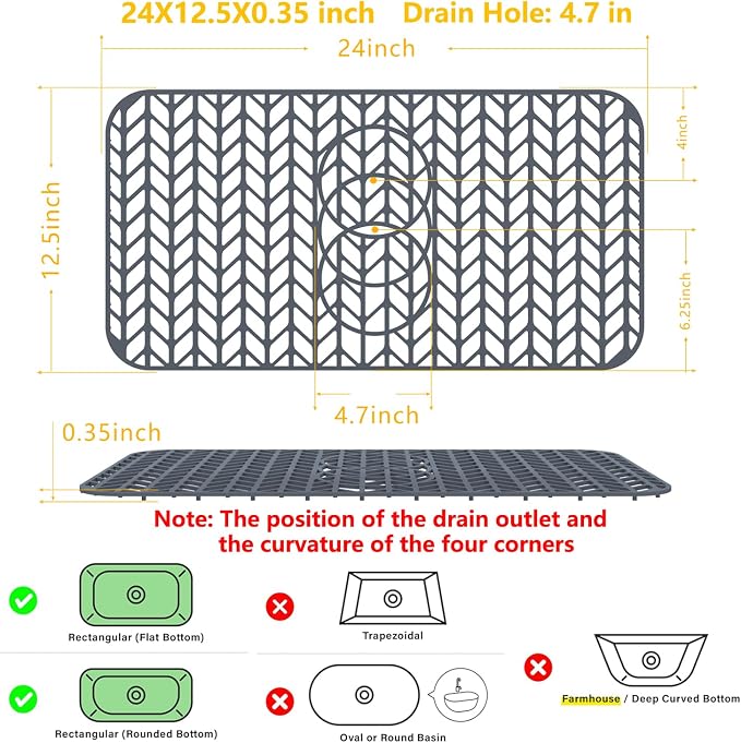 Sink Protectors for Kitchen Sink24"x12.5" 3 Reserved Holes Silicone Sink Mat | Various sizes and styles,Free-form cutting,Holes for different positions,Protector for sinks and dish,Food-grade silicone