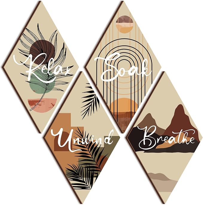 FairySandy 4 Pcs Boho Bathroom Wall Decor 11.8 x 6.7 In Boho Bathroom Decor | Boho Bathroom Wall Decor Boho Wooden Hanging Wall Art Relax Soak Unwind Breathe Sign for Bedroom Living Room Home Decoration