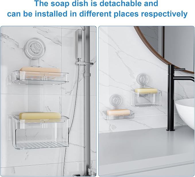 Suction Cup Soap Holder, Double Layer Soap Dish | 2 Tier No Drilling, Self Draining, Removable, Clear Acrylic Bar Soap Holder, Suitable for Bathroom and Kitchen