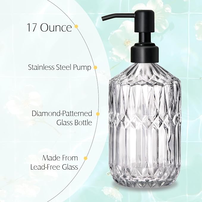 COHOSEGE 17 Oz Clear Glass Kitchen Soap Dispenser for Dish Soap, 2 Pack Bathroom Soap Dispenser Set with Black Rust Proof Pump for Lotion, Hand soap or Body Wash