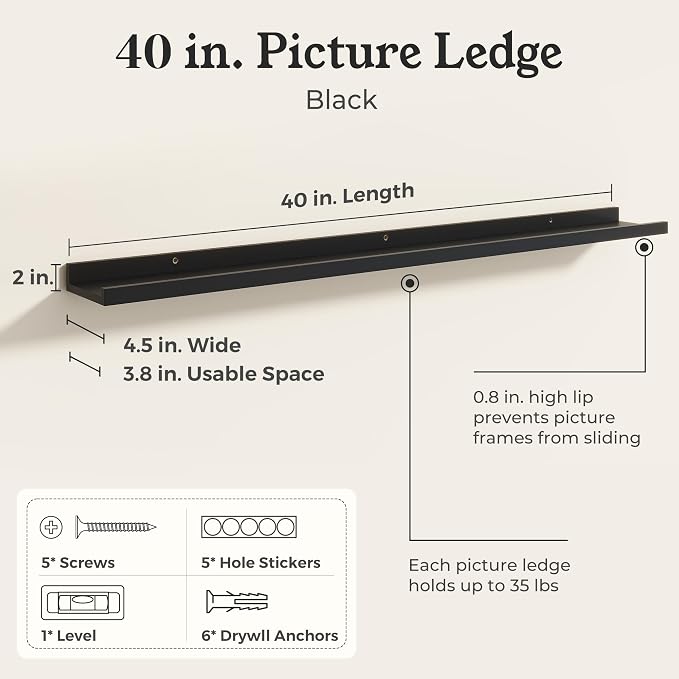 Black Picture Ledge Shelves for Wall, 4.5" Deep Wood Floating Shelves with Lip for Bedroom, Living Room, 40" Width, Color Black Set of 2