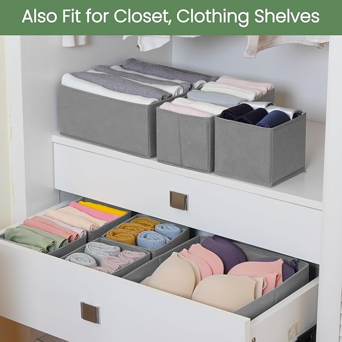 Drawer Organizer Clothes, 24 Pack Underwear Drawer Organizers, Foldable Closet Organizers and Storage Dresser Drawer Dividers Clothing Organizer for Clothes, Socks, Scarves, Bra, Ties (Grey)
