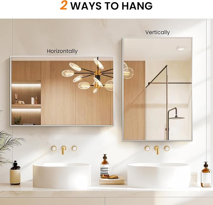 Bathroom Vanity Mirror for Wall 2Pack 36"x24" Bathroom Mirror for Over Sink | HD Shatterproof Glass, Rectangular Metal Frame, Horizontally or Vertically, Mirror for Bathroom, Living Room, Entryway,Silver
