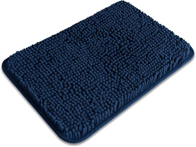 Small Bathroom Rug 12"x18" – Washable and Absorbent Bath Mat, Non Slip, Thick Soft Chenille Bath Rugs for Bathroom, Shower, Sink, Dog mat(Navy Blue)