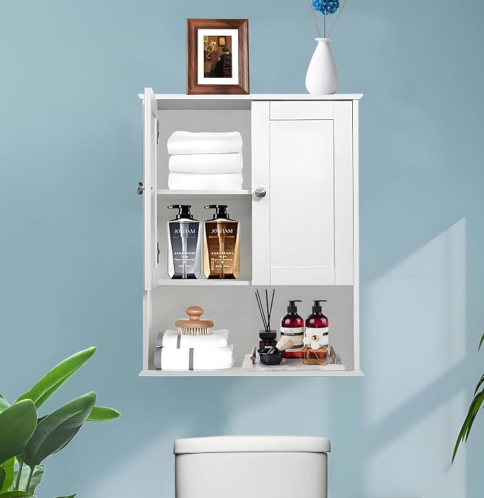 Bathroom Cabinet Wall Mounted Over Toilet Storage Cabinet 20x28 Inch White Wood Wall Space Saver Medicine Cabinets for Bathroom Storage with Adjustable Shelf, 2 Doors, Soft Hinge