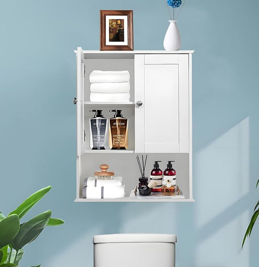 Bathroom Cabinet Wall Mounted Over Toilet Storage Cabinet 20x28 Inch White Wood Wall Space Saver Medicine Cabinets for Bathroom Storage with Adjustable Shelf, 2 Doors, Soft Hinge