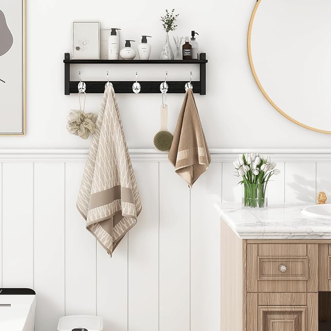 Coat Rack Wall Mount with Shelf, 24" Long Entryway Shelf with Hooks Underneath, Wooden Coat Hanger for Hanging Hats, Bathroom Towels, Clothes, Black