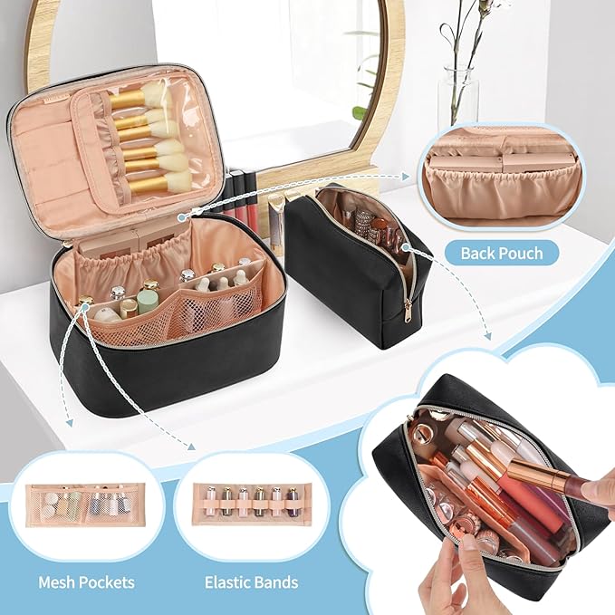 Makeup Bag Set, Portable Travel Makeup Bags Cosmetic Organizer Bag for Women Cute Floral Cosmetic Pouch Large Capacity Make up Bag PU Leather Toiletry Bags with Divider and Handle-Black
