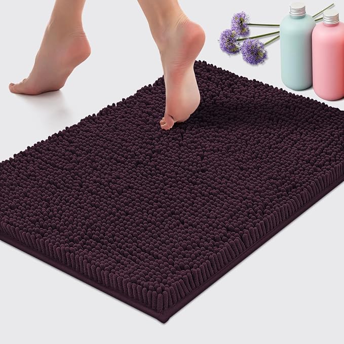 LuxUrux Bath Mat, Extra-Soft Plush Non-Slip Bathroom Rug, Luxury Chenille Microfiber Material, Super Absorbent Shaggy Bath Rug. Machine Wash & Dry (17 x 24 inches, Plum)