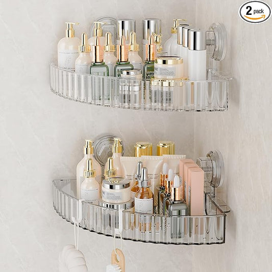 Adhesive Shower Caddy Suction Cup Shower Shelves for Inside Shower No Drilling Bathroom Organizers and Storage Wall Shelf Rack Clear(clear,corner)