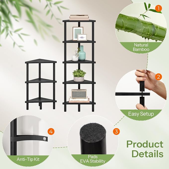 HOOBRO Corner Shelf Stand, 5-Tier Bamboo Corner Bookshelf, Plant Display, Corner Bookcase, Multipurpose Shelving Unit for Small Space, Living Room, Easy Assembly, BK124CJ01