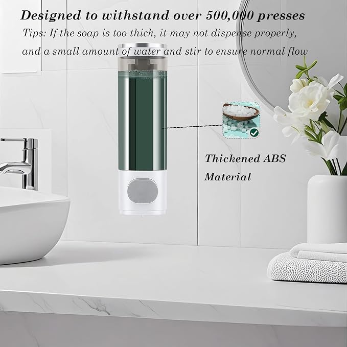 10oz/300ml Single Manual Wall Mounted Soap Dispenser, Silver & White | Bathroom Shampoo and Conditioner Dispenser, Clear Plastic Refillable Liquid Lotion Pump Dispenser and Organizer