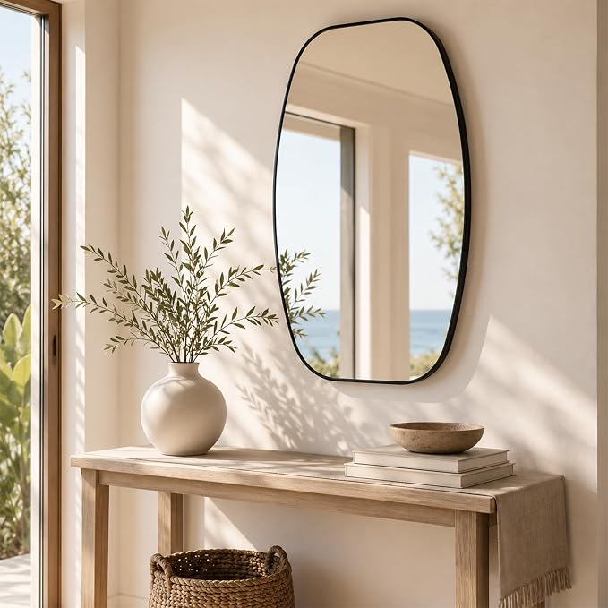 Matte Black Capsule Bathroom Mirror, 24x36 Inch | Aluminum alloy frame, pill-shaped design, tempered glass, two-way mount for dresser and console