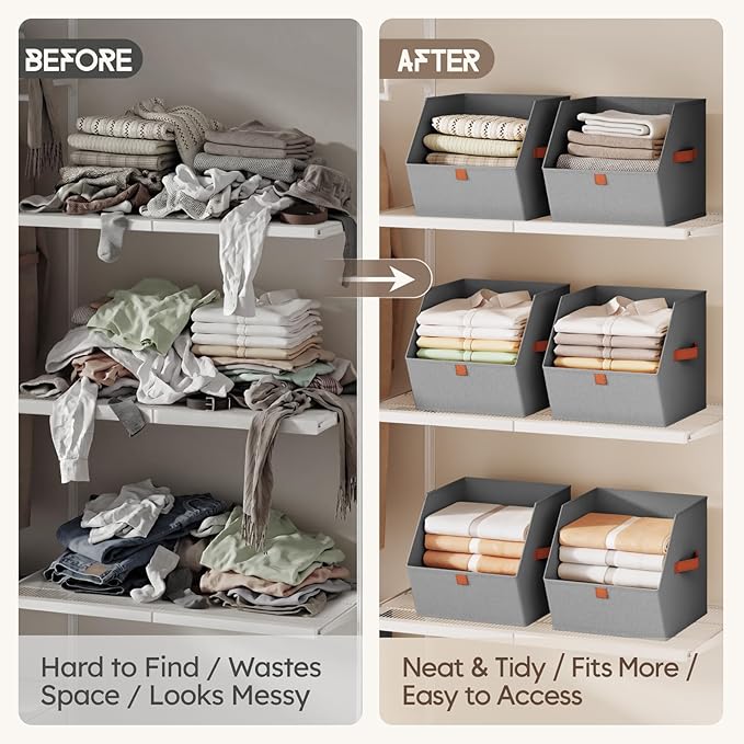 Fabric Closet Storage Cubes - 6 Pack Square Storage Bins with Dual Handles for Clothes, Towels, Toys, Cube Storage Organizers for Bedroom, Nursery, Shelves, Closet, Small Spaces, Grey