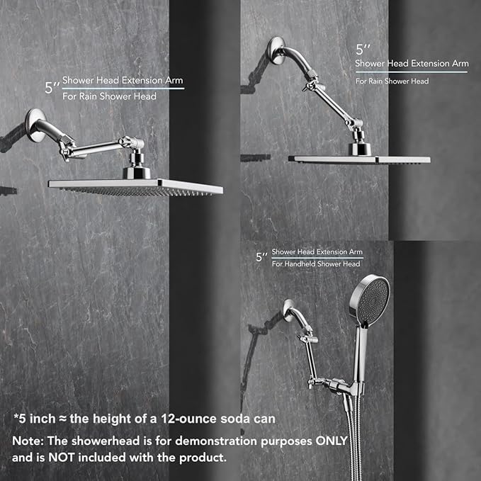 5 Inch Adjustable Shower Head Extension Arm, With Locking Set Screw, Singing Rain 304 Stainless Steel Chrome Angle Height Adjustable, Easy Install, G1/2 Universal Connector Compatible (Chrome Finish)