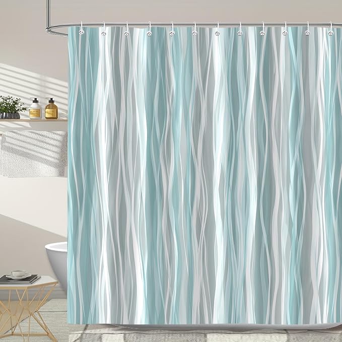 Moonslim Teal Grey Ombre Shower Curtain, Modern Wavy Abstract Striped Line Bathroom Curtain, Waterproof Fabric Bath Decor, 72 x 84 Inch