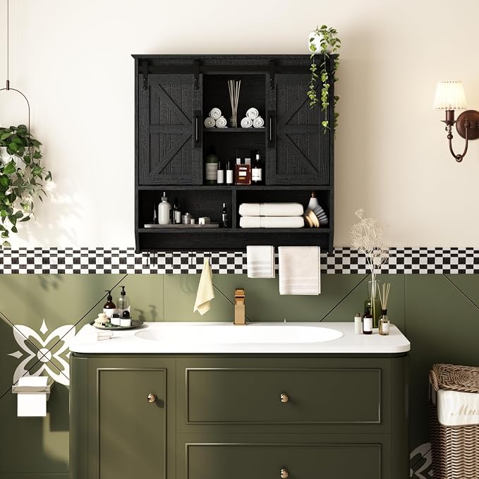 RUSTOWN Farmhouse Bathroom Wall Storage Cabinet with Sliding Barn Doors | 3-Tier, Rustic Wood Wall Mounted Cabinets, Vintage Medicine Cabinet, Adjustable Shelves, Over The Toilet Storage Cabinet