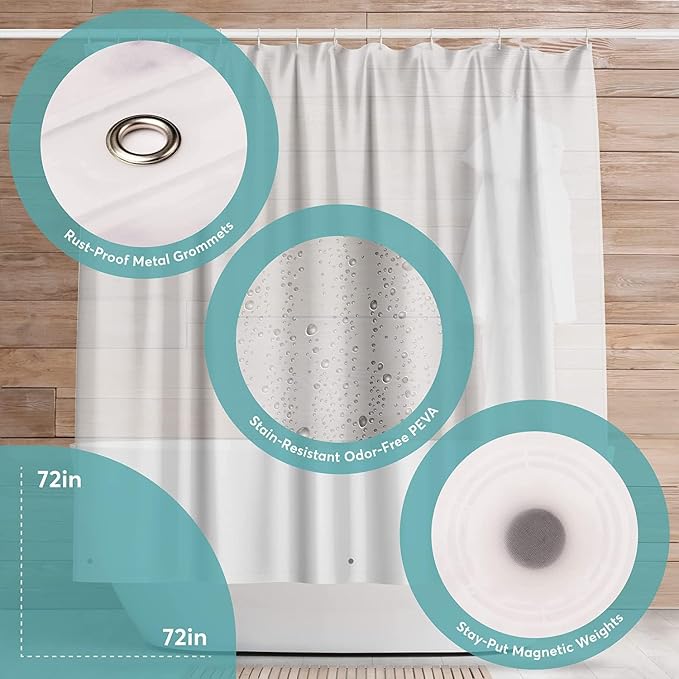 BigFoot Shower Curtain – 72 x 84 PEVA Premium Shower Curtain with Rustproof Metal Grommet and 3 Magnetic Weights – Odor Free and Compatible with Standard Showers, Clear