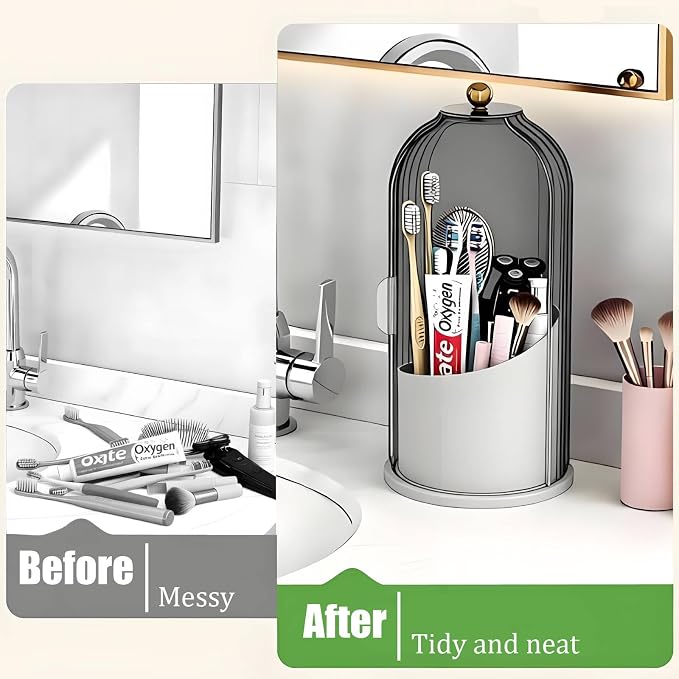JEESA Dustproof Toothbrush Holder with Cover, Grey/White | 360° Rotating, 180° Sliding Lid, 3 Slots, Toothbrush Organizer, for Bathroom Countertop