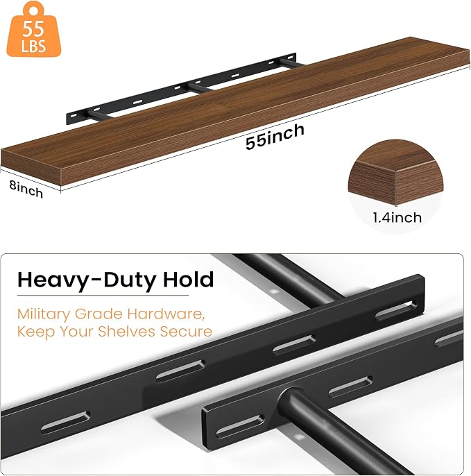 Fun Memories 55 Inch Floating Shelves - Fireplace Mantel Shelf - Deep Wall Mounted Wood Storage Shelf for Bedroom, Kitchen, Farmhouse - 1 Pack, Walnut