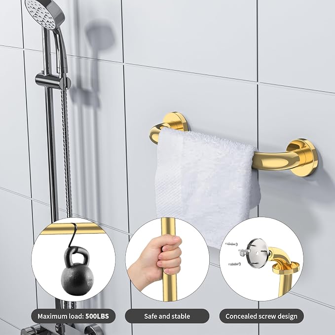 ZUEXT 12 Inch Gold Safety Grab Bar for Bathroom Shower, Stainless Steel | Concealed Wall Mount Grab Bar Handle, Bathroom Balance Bar, Safety Hand Rail Support, Handicap Elderly Injury Seniors Assist