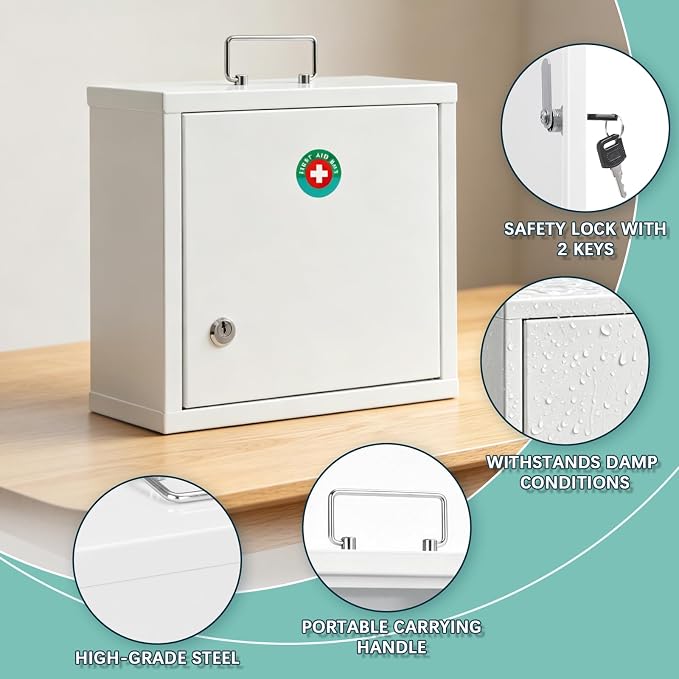 KYODOLED Locking Medication Lock Box with Keys, Wall Mount, White | 10 x 4.7 x 10 inch, steel durability, locking controlled access, child safe out of reach storage, home & first aid use