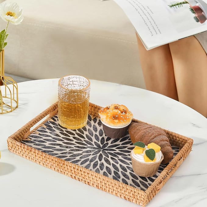 Rectangle Rattan Tray with Mother of Pearl Inlay, Rattan Serving Tray with Handle for Coffee, Bread, Fruits, Snacks, Decorative Wicker Tray for Table Decor (Rectangle Black Leaf, 13"×9")