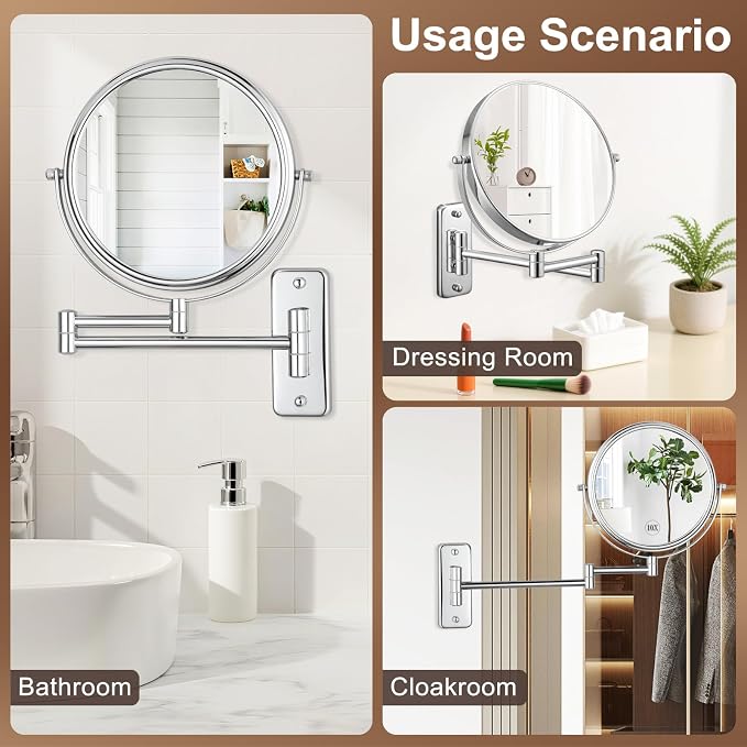 DECLUTTR 8 Inch Wall Mounted Magnifying Mirror with 10x Magnification, Double Sided Vanity Makeup Mirror for Bathroom, Chrome Finished