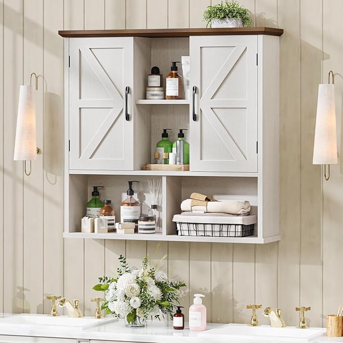 Vabches Bathroom Wall Cabinet, Farmhouse Medicine Cabinet with Double Barn Door and Adjustable Shelves, Wooden Vintage Storage Cabinet Wall Mounted for Bathroom, Kitchen Dining, Rustic White