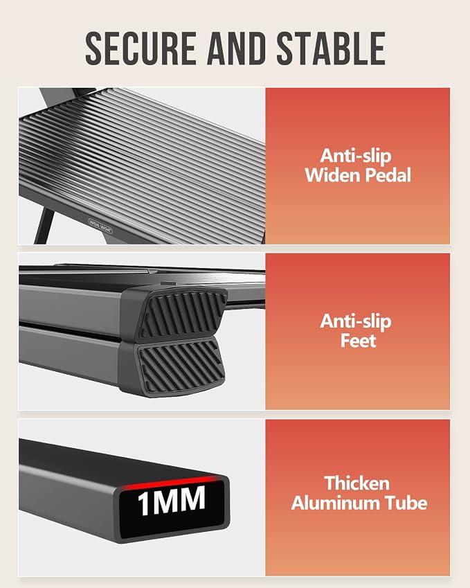 2 Step Foldable Step Stool, 300lbs Load, Black | Folded 27''H x 2''T; Net 6.6 lbs; Non-Slip Feet: Wood/Tile/Carpet; Rigid Aluminum Steps; No Assembly; Ready From Box.