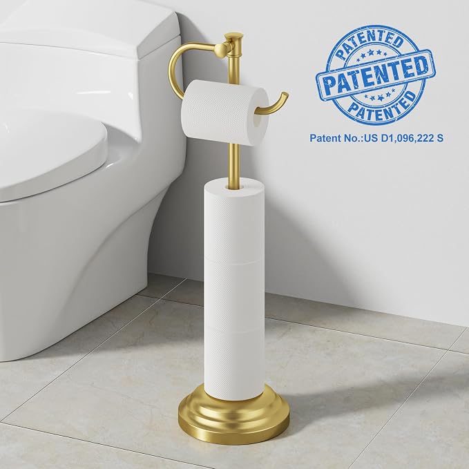 RUMOSE Toilet Paper Holder Stand for Floor Free Standing, Gold | Bathroom Freestanding Toilet Tissue Roll Holder with Storage, Adjustable 17-25 Inch, Rustproof, SUS304 Stainless Steel