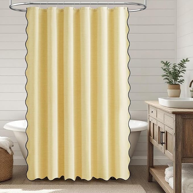 72x90 Boho Scalloped Linen Textured Cloth Shower Curtain Set, Yellow | Long Size, 230GSM Waterproof Polyester, Heavy Duty Fabric, 12 Plastic Hooks, Elegant Modern Farmhouse Style, Machine Washable