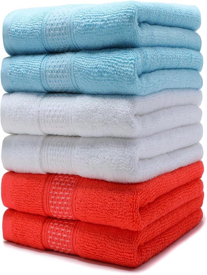 Cotton Hand Towels Set, 6-Piece Set(14in x 29.5in), Super Absorbent Quick Drying,Soft,Bathroom Towels,Suitable for Gyms,Kitchen,Gift(Watermelon Red,White,Sky Blue)