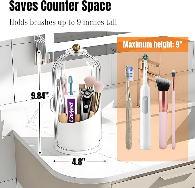 JEESA Dustproof Toothbrush Holder with Cover, Transparent/White | 360° Rotating, 180° Sliding Lid, 3 Slots, Toothbrush Organizer, for Bathroom Countertop