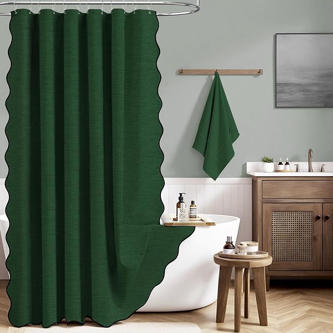 Boho Scalloped Linen Textured Cloth Shower Curtain Set, 72x84, Emerald | Tall Size, 230GSM Waterproof Polyester, Heavy Duty Fabric, 12 Plastic Hooks, Elegant Modern Farmhouse Style, Machine Washable