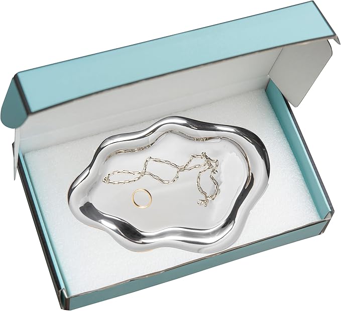 Lynagert Cloud Trinket Dish, Chubby Jewelry Tray, Ceramic Jewelry Ring Trinket Dish for Rings Earrings Necklace Organizer, Mother's Day Thanksgiving Christmas Birthday Bridesmaid Gifts (Silver)
