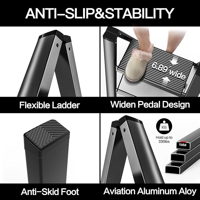 2 Step Ladder, Aluminum Folding 2 Step Stool with Anti-Slip Sturdy and Wide Pedal, Lightweight Portable Stepladder for Home and Kitchen Use Space Saving, Black, 330 lbs